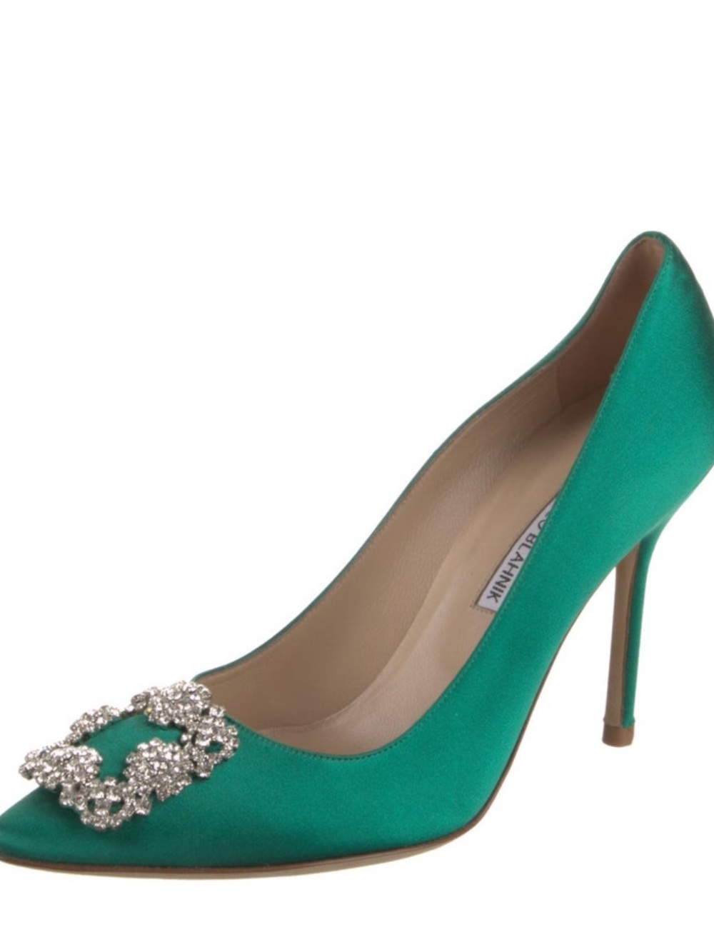 Manolo Blahnik Green Satin Crystal-Buckle Pump